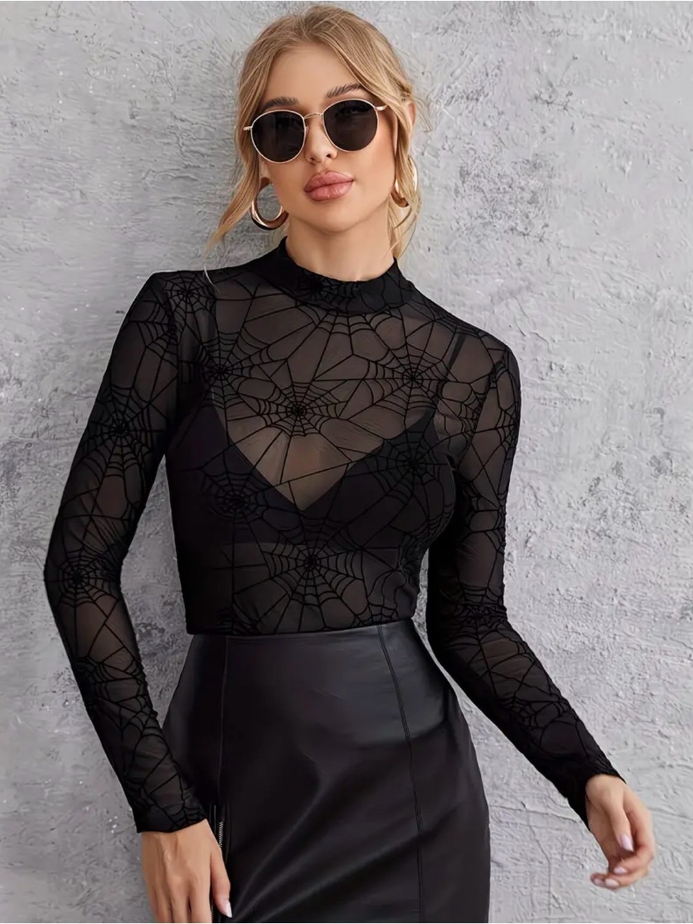 Black Sheer Spiderweb Crewneck Mesh, Long Sleeve Halloween Top